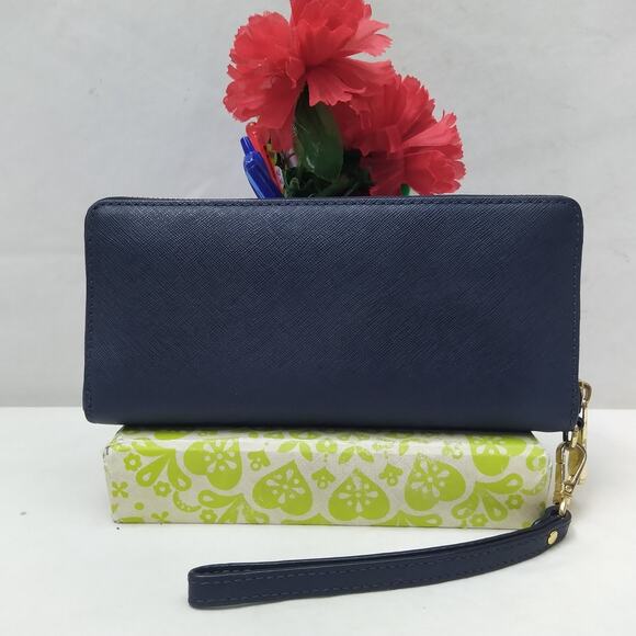 Michael Kors Blue Leather Zip Around Credit Card ID Window Wallet - Picture 2 of 16